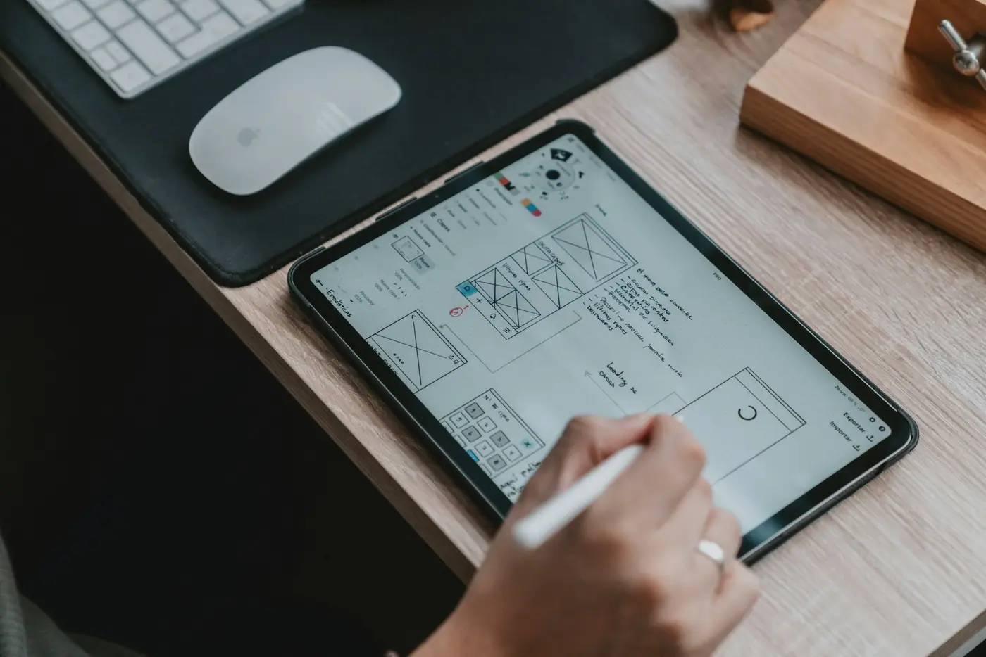 Wireframe de un sitio web dibujado en una tablet con un lápiz digital